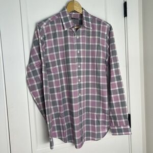 Express Button Up Shirt Men's Medium Fitted 100% Cotton Plaid Pink Black‎ White